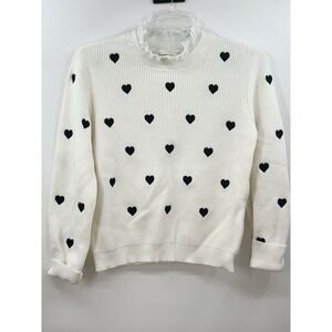 Anthropologie Ruffled Collar Heart Embroidered Sweater White Black Medium